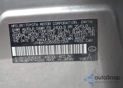 2016 Lexus Is 200T из США, поврежденный, VIN JTHBA1D25G5027259